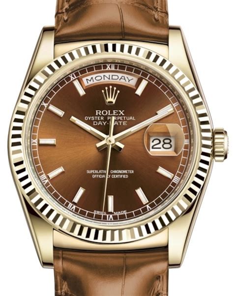 rolex day date gold dial leather strap|rolex day date on leather strap.